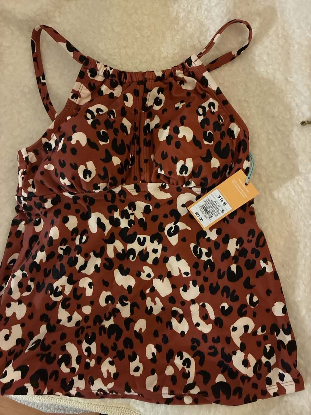 Kona Sol Women's Leopard Print High Neck Keyhole Tankini Swim Top